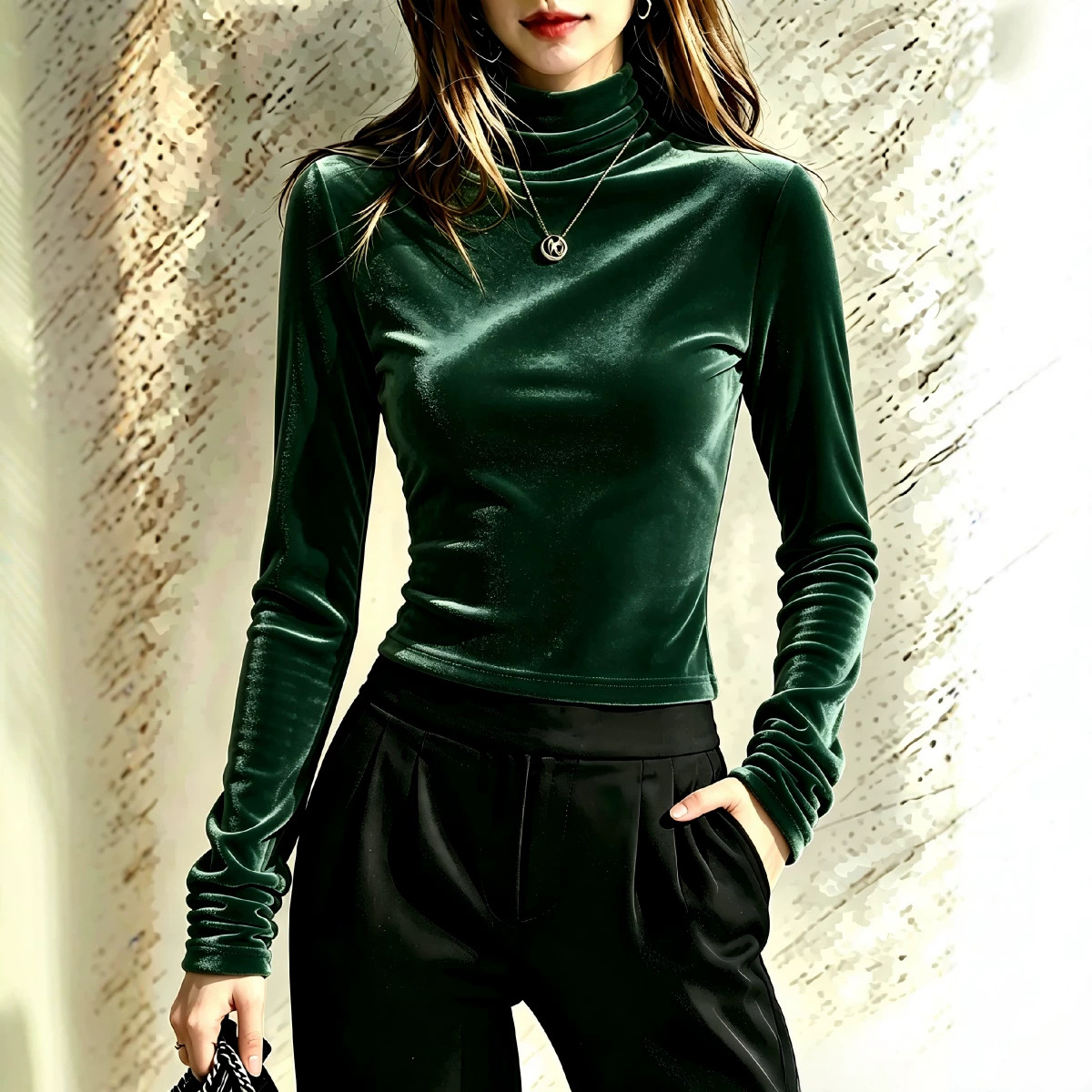 Solid Velvet High Neck Long Sleeve T-Shirt