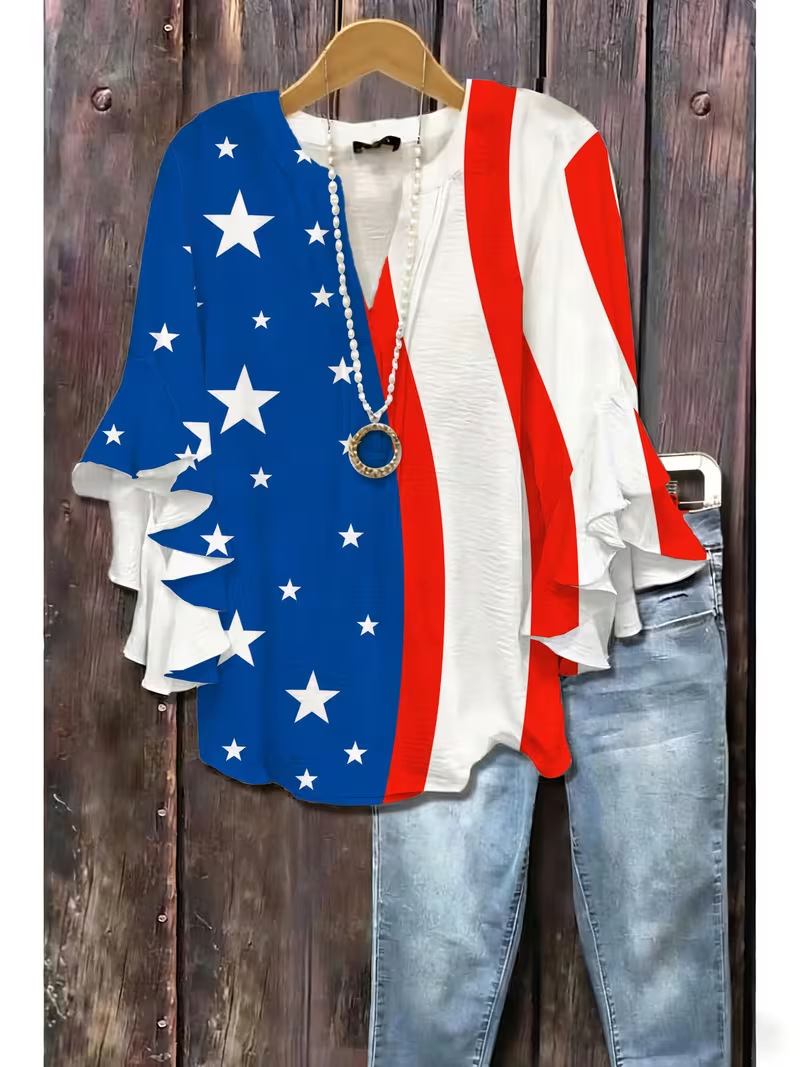 American Flag Print Rolled Sleeve Button Women's Top