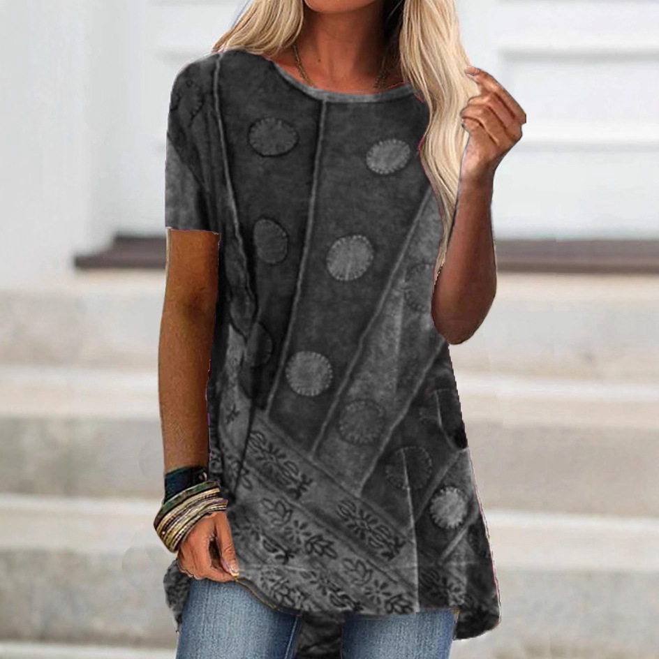 Women's Color-Block Striped Polka Dot Crewneck Short Sleeve Top