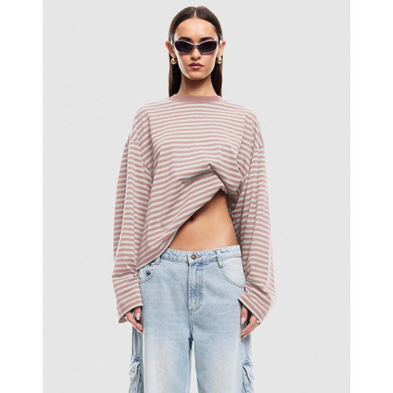 Korean Lazy Style Loose Crewneck Long Sleeve Striped T-Shirt