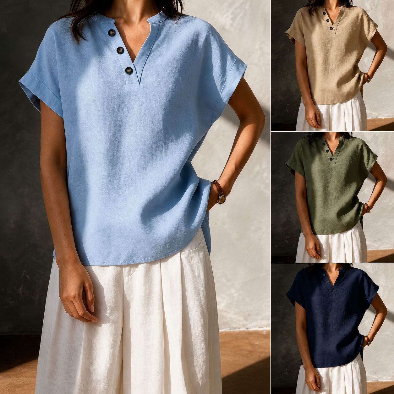 2026 New Cross-Border Women's Fashion Foreign Trade European and American Cotton-Linen High-End Feel Women's V-Neck Button Short-Sleeve Solid Color Shirt