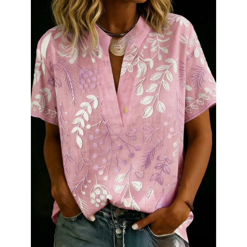 Floral Leaf Print Short Sleeve Button-Up Top