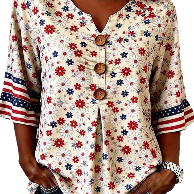 Women's Summer Floral Print Short Sleeve Button-Up Top