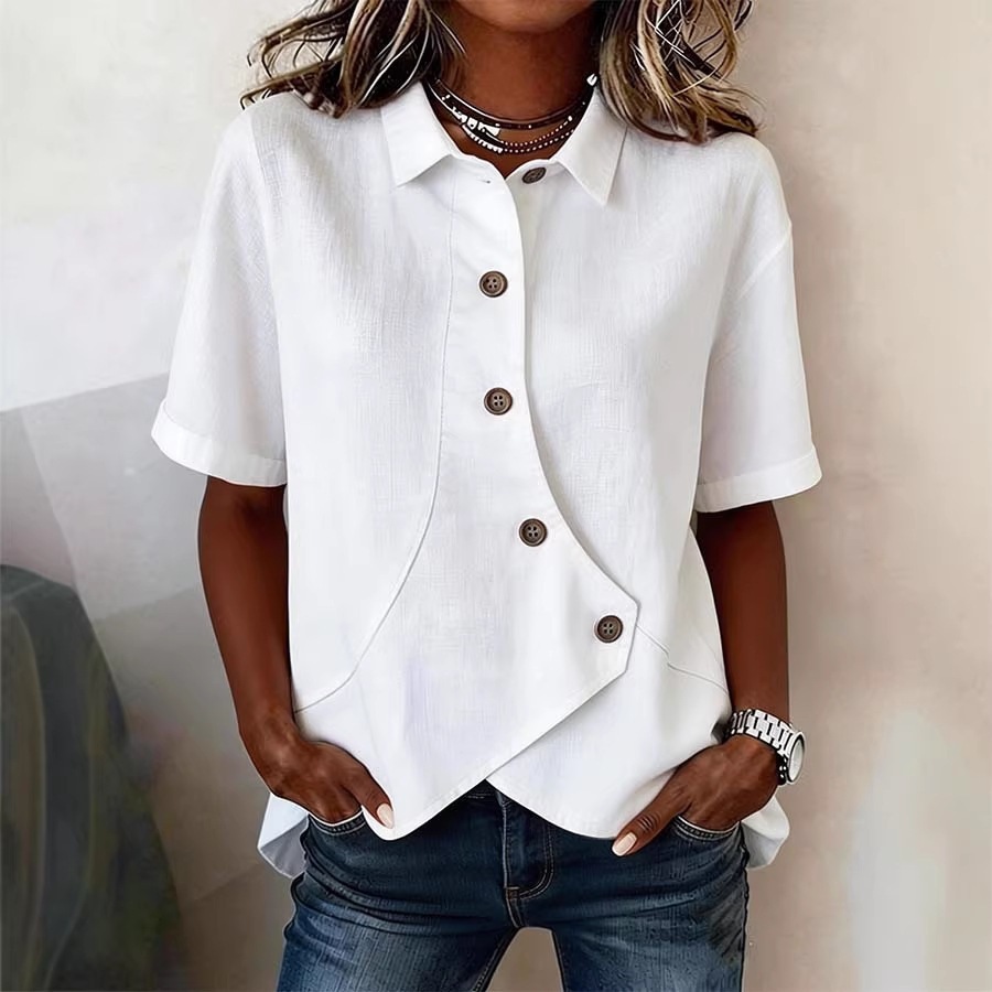 Women's Collared Button Short Sleeve T-Shirt with Irregular Hem