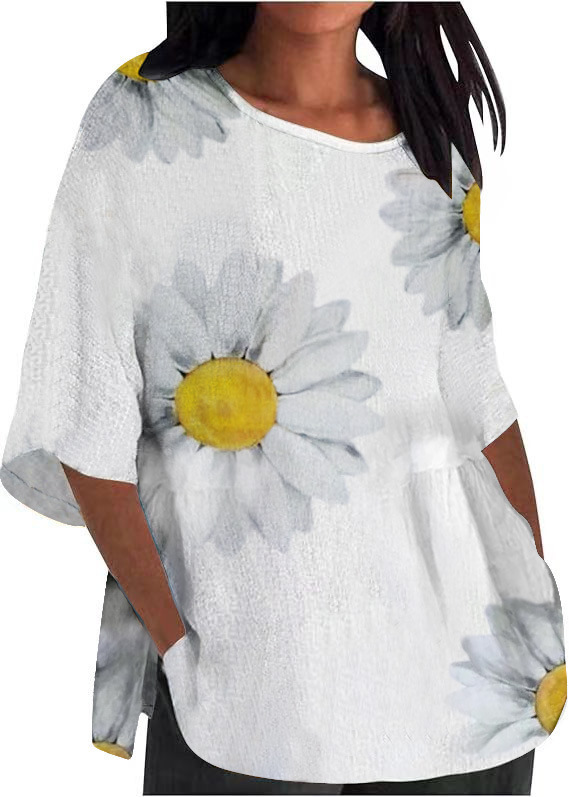 Chrysanthemum Print Round Neck 3/4 Sleeve T-Shirt for Women