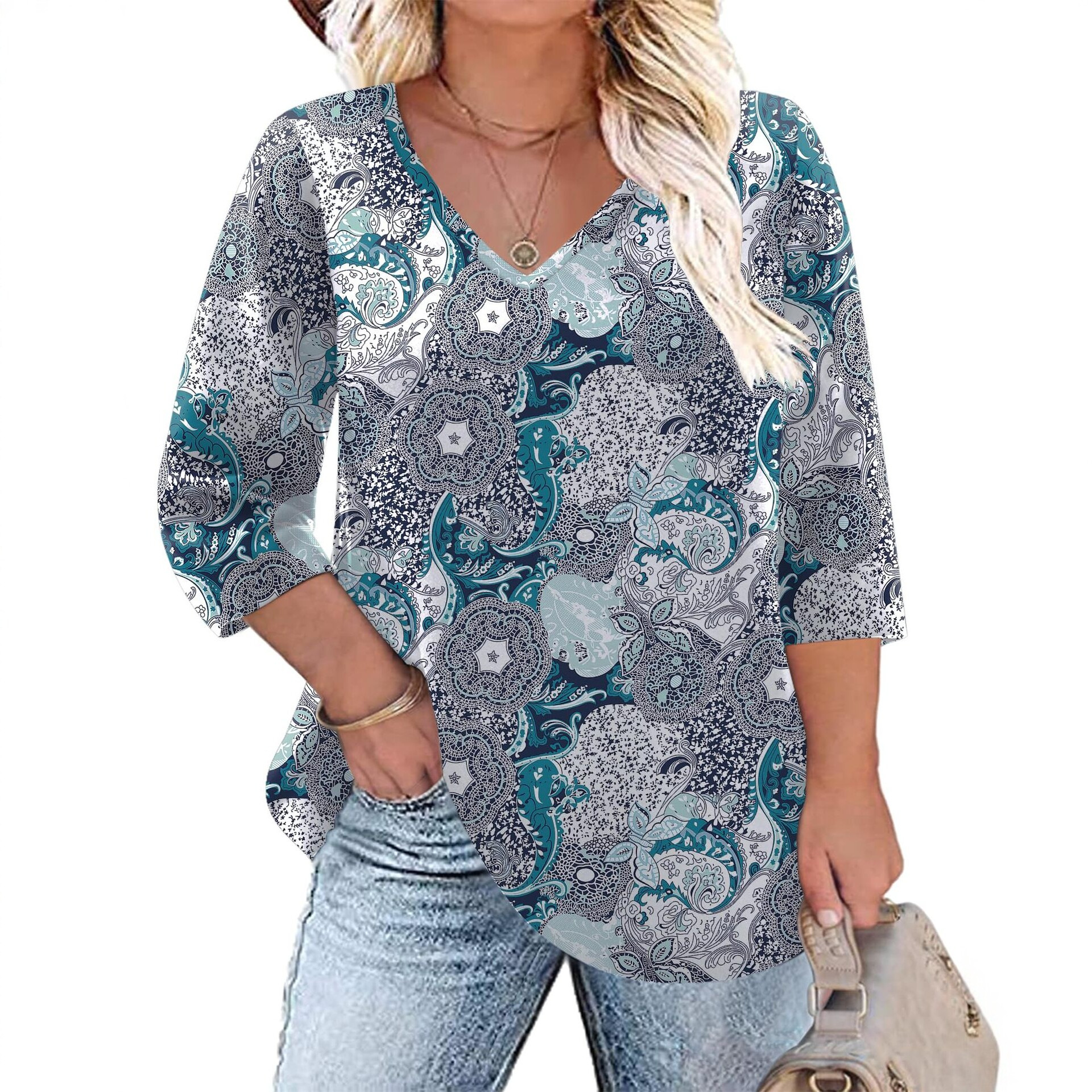 Women's Floral Print V-Neck Loose Long Sleeve T-Shirt