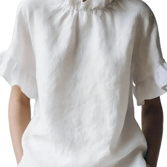 French Vintage Ruffle Ruched Crew Neck Cotton Linen Short Sleeve Top