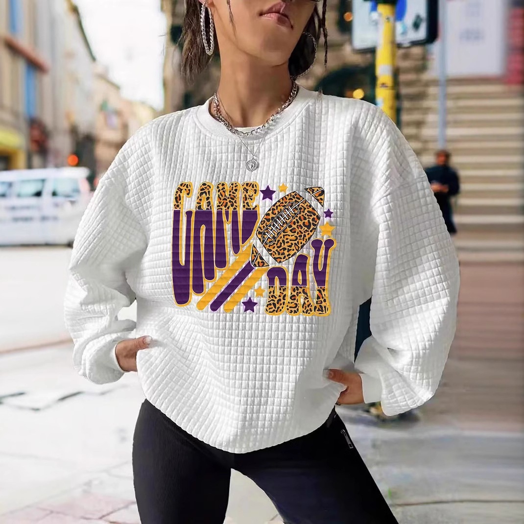 Women's Waffle Knit Long Sleeve Crewneck Sweatshirt Oversized White