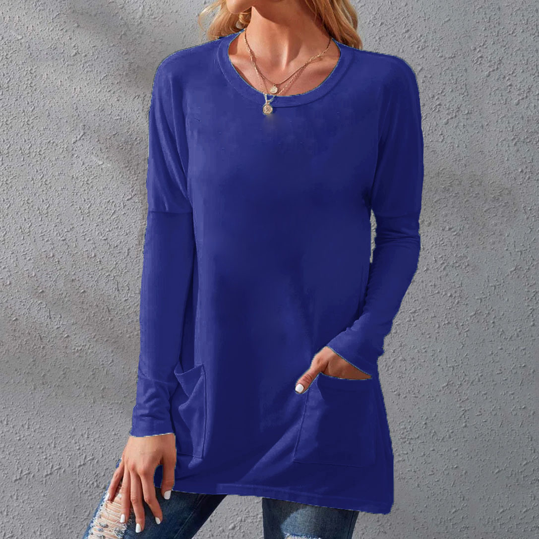 Women's Loose Fit Crewneck Short Sleeve Pocket Solid Midi T-Shirt