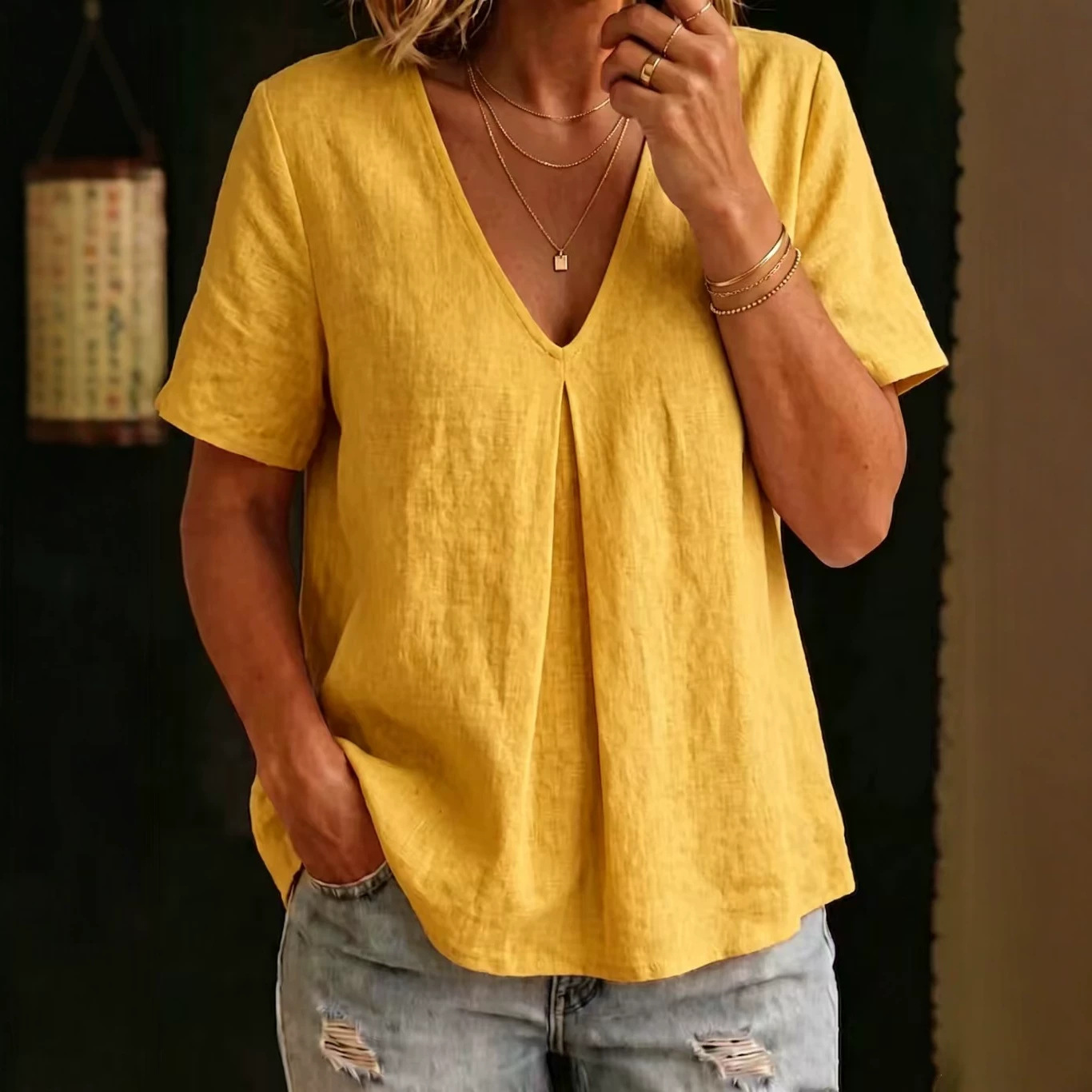 Cotton-Linen V-Neck Short-Sleeve Loose Fit Top for Women