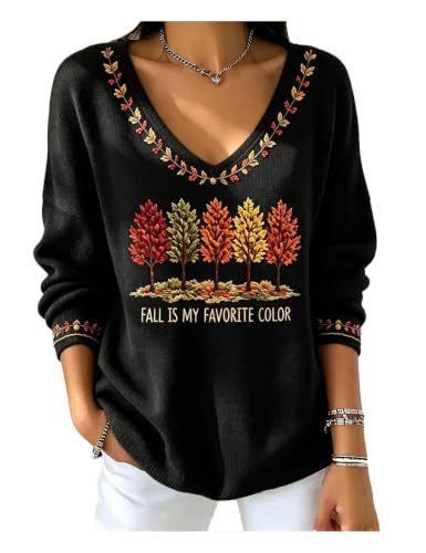 Women's V-Neck Long Sleeve T-Shirt with Tree Maple Leaf Print