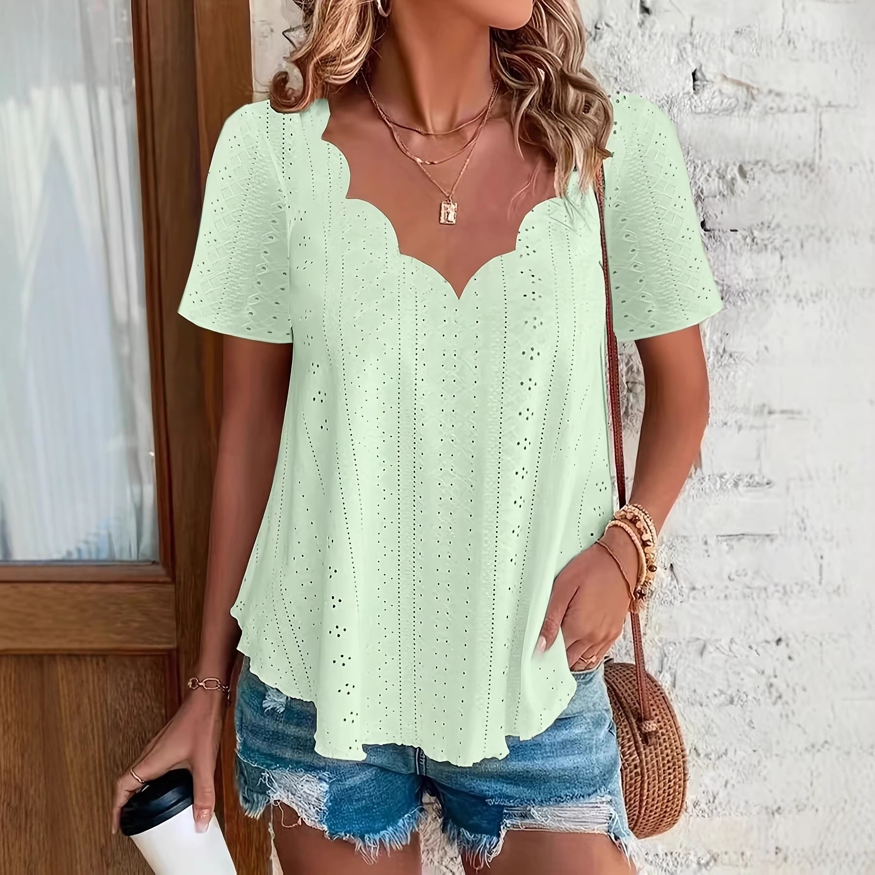 Women's Comfortable Breathable Jacquard Short-Sleeve V-Neck Top