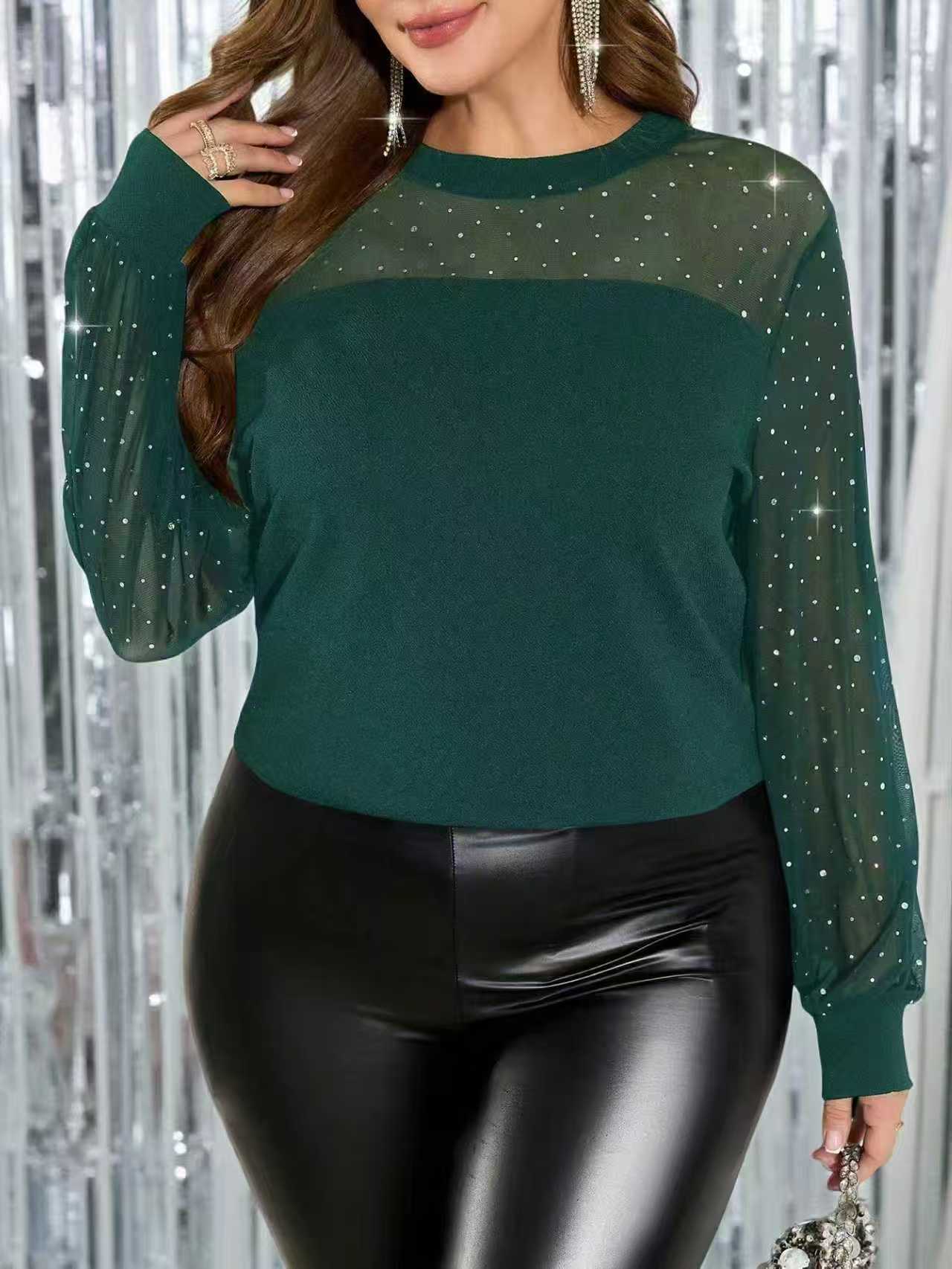 Women's Rhinestone Mesh Panel Long Sleeve Top