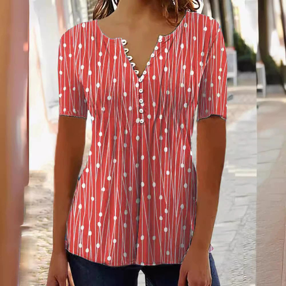 Women's V-Neck Polka Dot Short Sleeve T-Shirt