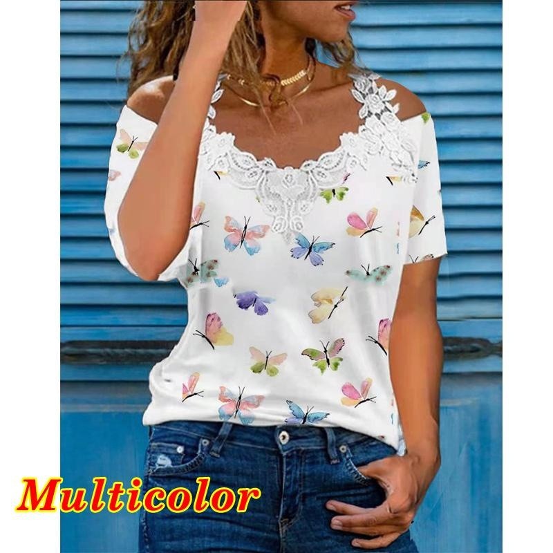 Women's Summer V-Neck Lace Trim Cold Shoulder Short Sleeve Casual T-Shirt