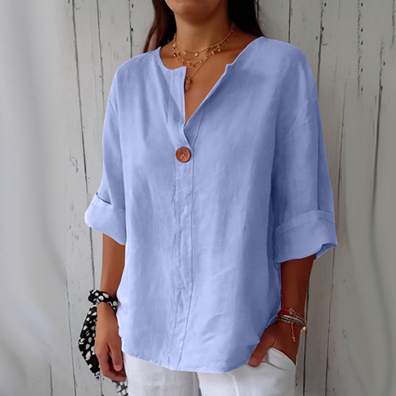 Women's Loose V-Neck Button Cotton-Blend T-Shirt