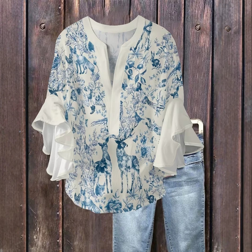 Floral Print V-Neck Rolled Sleeve Casual Women's T-Shirt