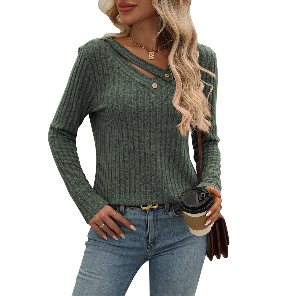 Women's V-Neck Button Knit Top Long Sleeve Slim Fit T-Shirt