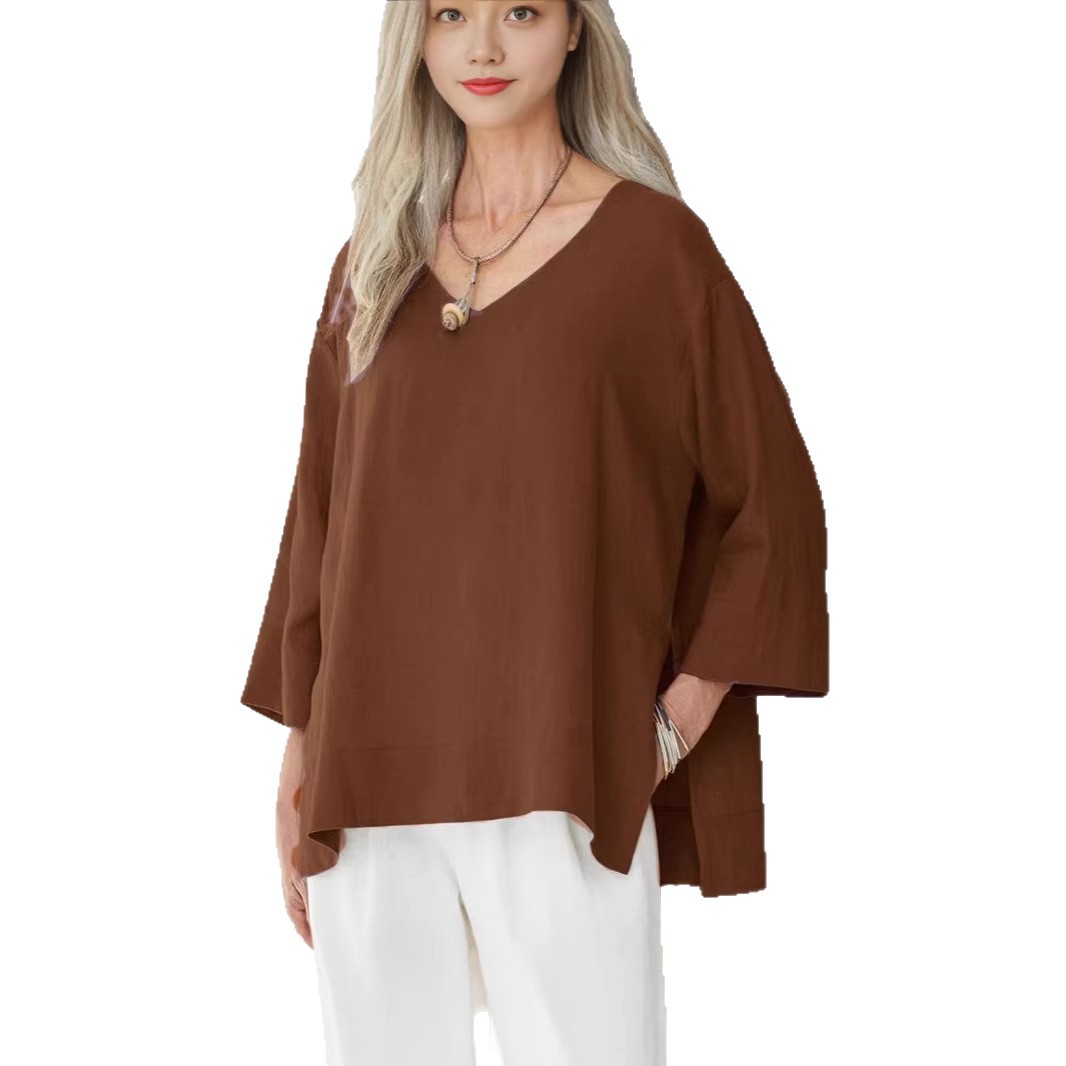 Women's V-Neck Cotton-Linen Shirt Top 3/4 Sleeve Side Slit Loose Plus Size