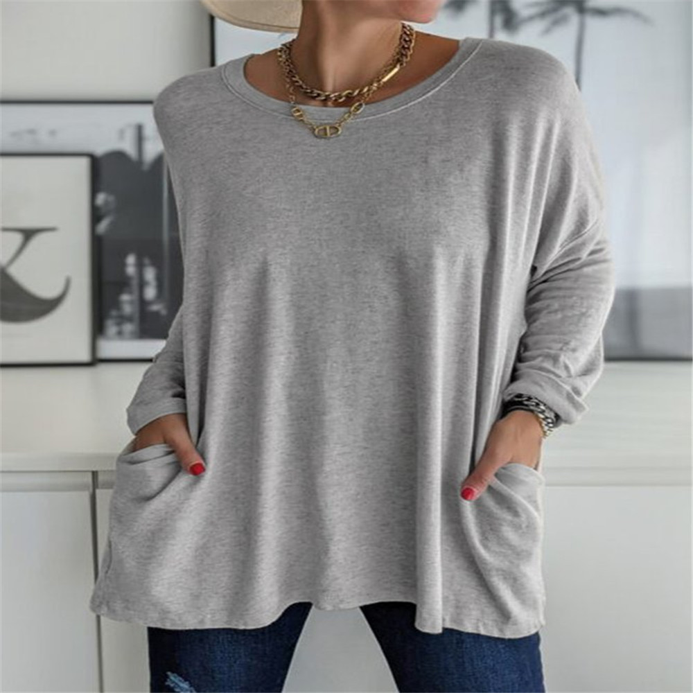 Women's Loose Fit Crewneck Long Sleeve Solid T-Shirt with Pocket