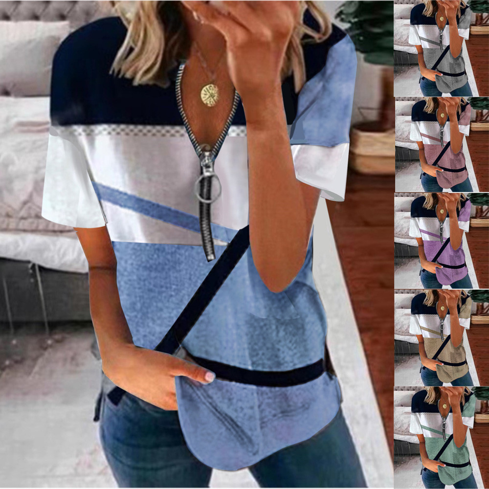 Women's Zip Print Loose Short Sleeve V-Neck T-Shirt