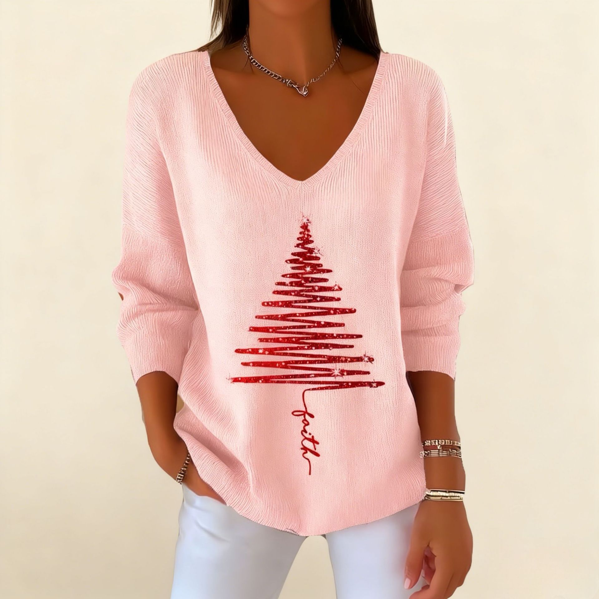 Women's V-Neck Long Sleeve Book & Christmas Tree Print T-Shirt
