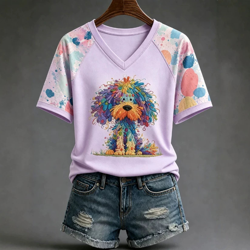 Women's Short Sleeve V-Neck T-Shirt with 3D Dog Print