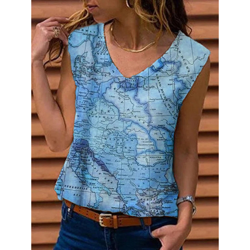 Women's Sleeveless Map Print V-Neck Tank Top