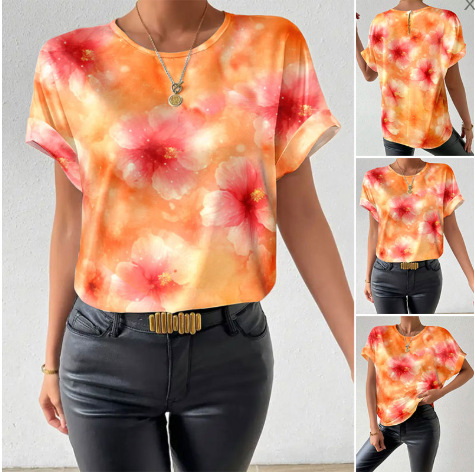 Tie-Dye Floral Crewneck Short-Sleeve Pullover Top
