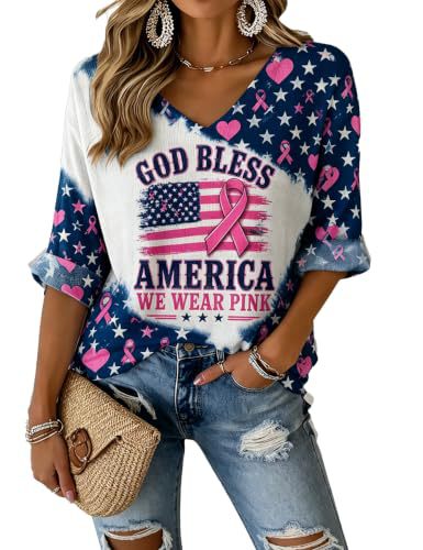 Ribbon Star Print V-Neck Half-Sleeve Women's T-Shirt