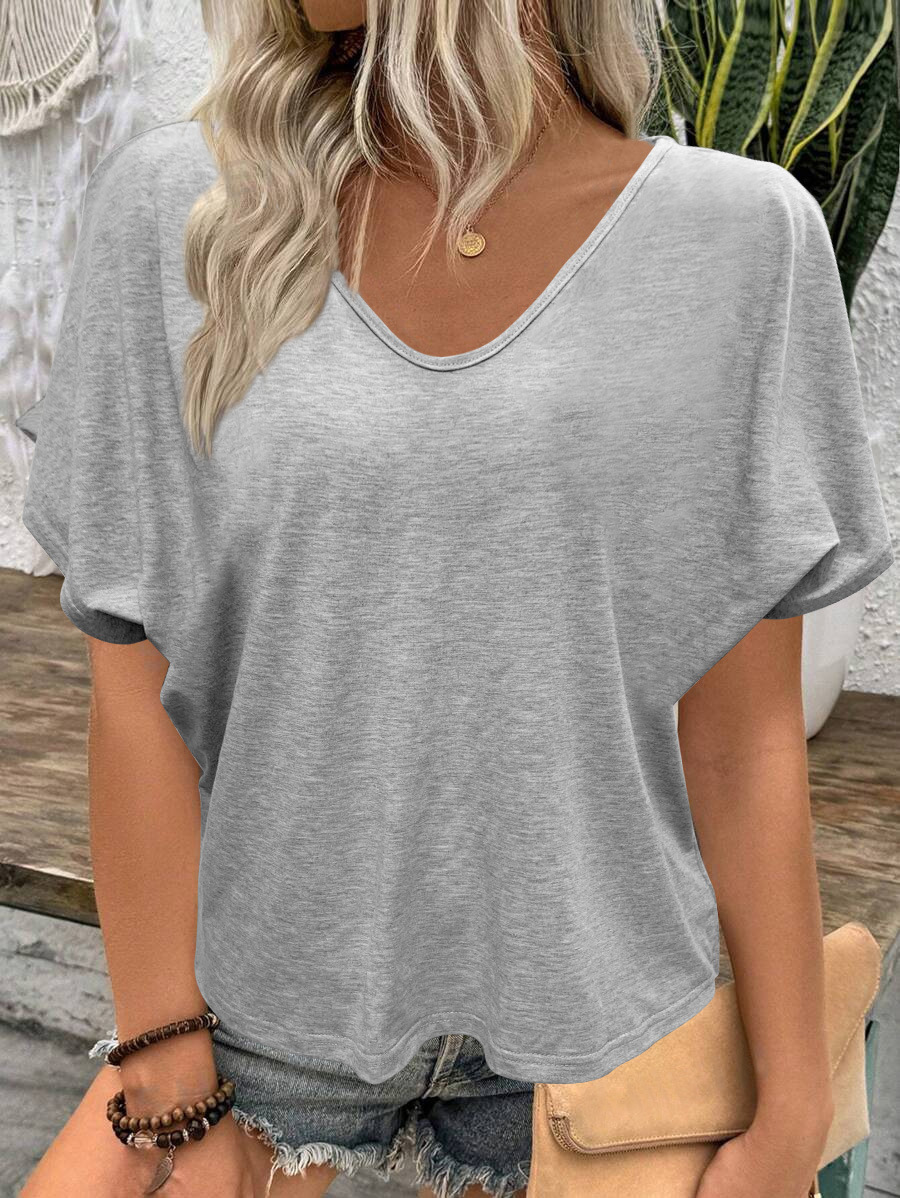 Women's Ruched V-Neck Short Sleeve T-Shirt Candy Color Loose Casual