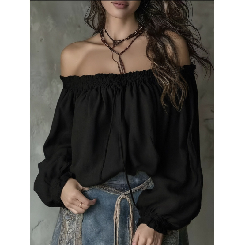 Off-Shoulder Chiffon Blouse with Puff Sleeves and Drawstring Neckline