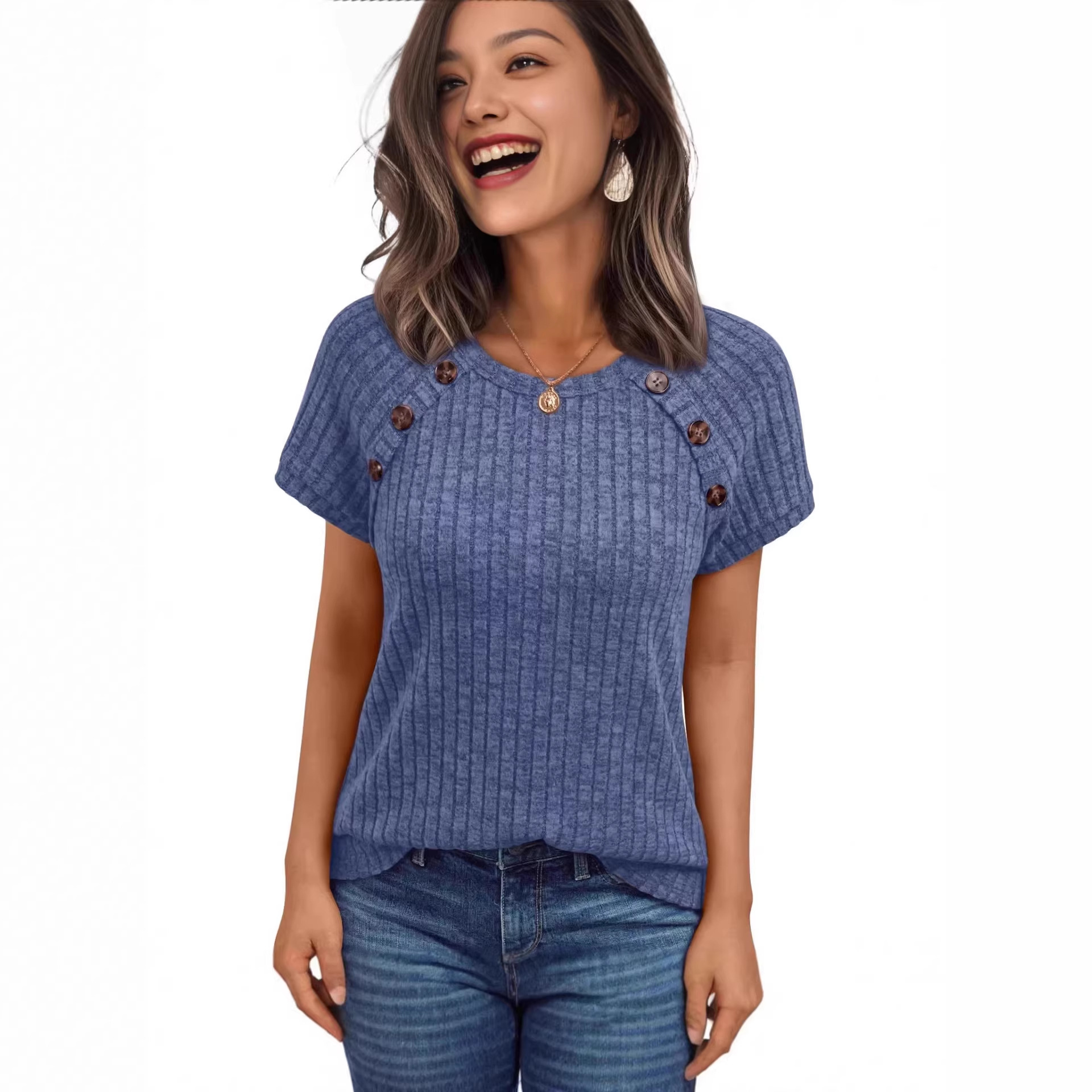 Women's Ribbed Crewneck Short Sleeve Top with Spliced Design