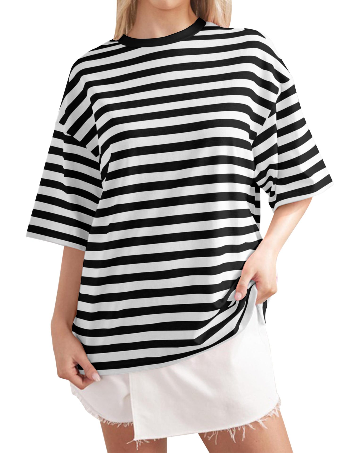 Striped Print Crewneck Half-Sleeve T-Shirt Casual Loose Fit