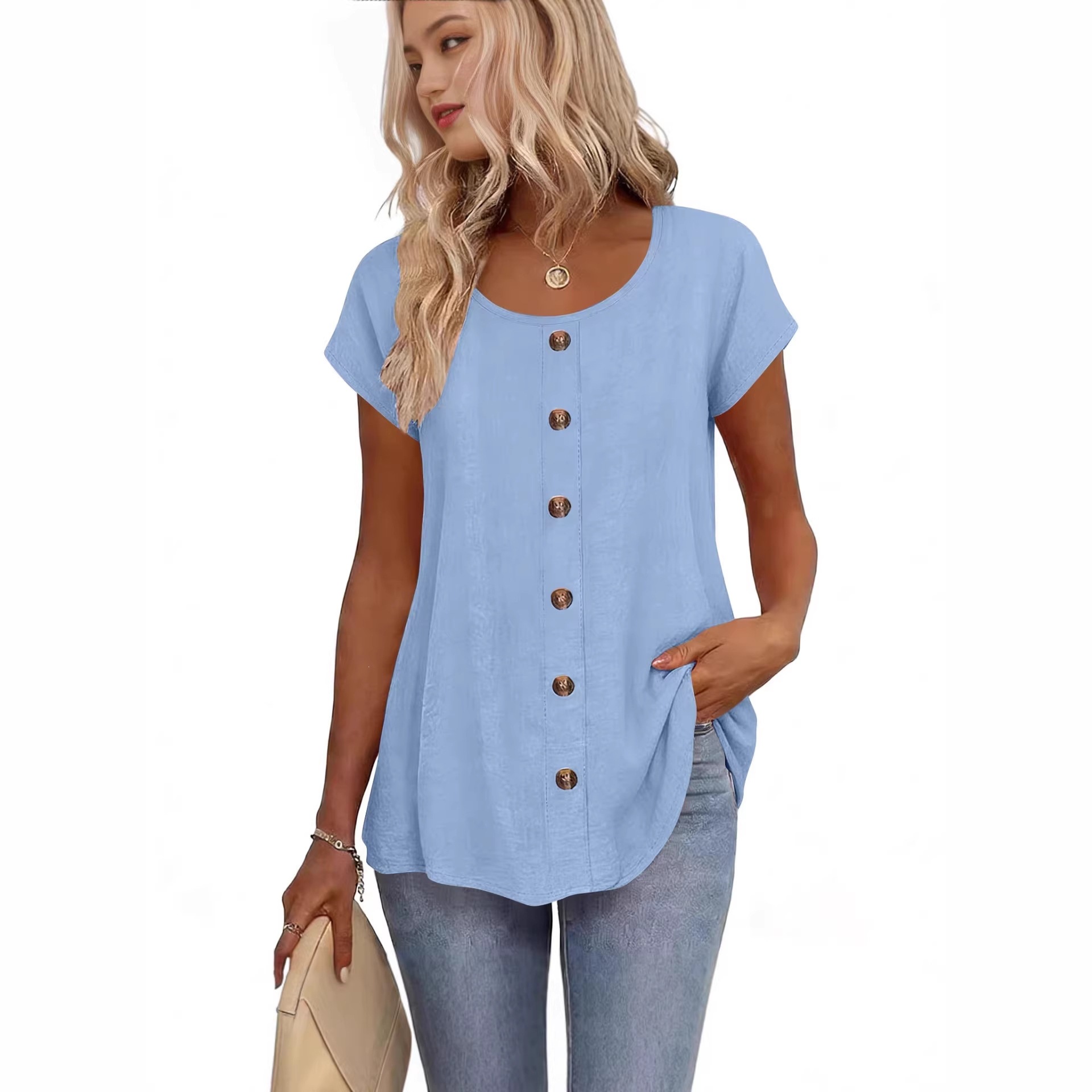 Elegant Button-Trim Solid Short-Sleeve Crewneck T-Shirt