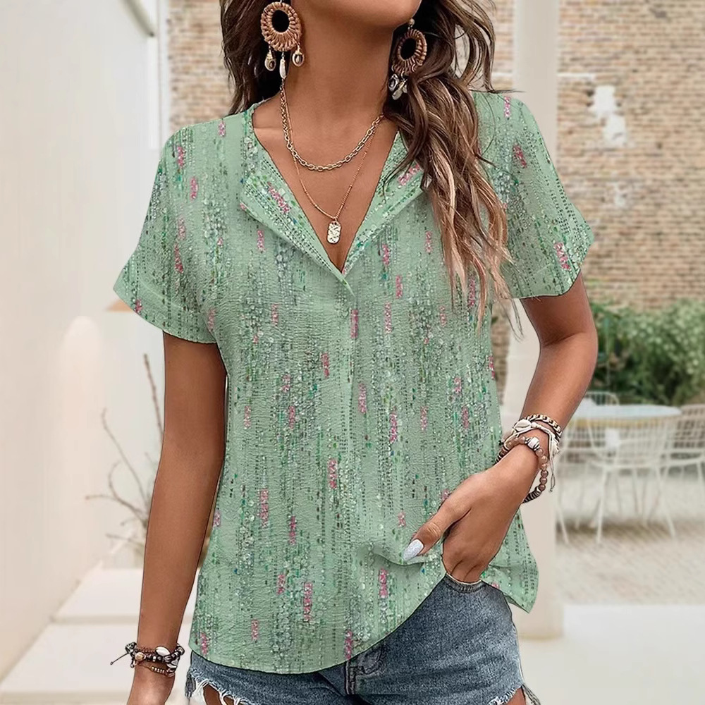 Floral Print V-Neck Short Sleeve Loose Casual Top