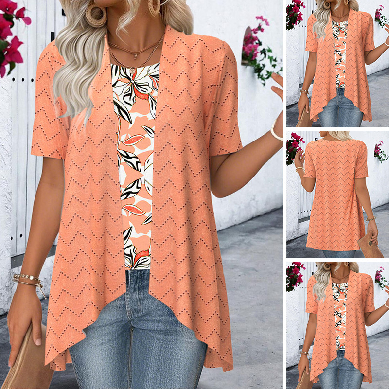 Women's Casual Loose Short Sleeve Faux Two-Piece Hollow Out Print T-Shirt