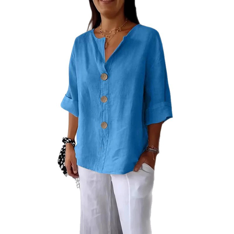 Women's Loose V-Neck Button Cotton-Blend T-Shirt