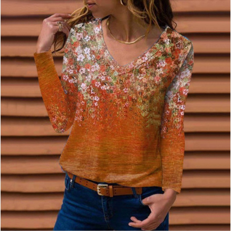 2025 Cross-Border Europe & America Wish Amazon Independent Station Autumn/Winter New V-Neck Printed Long-Sleeve Women's T-Shirt Top