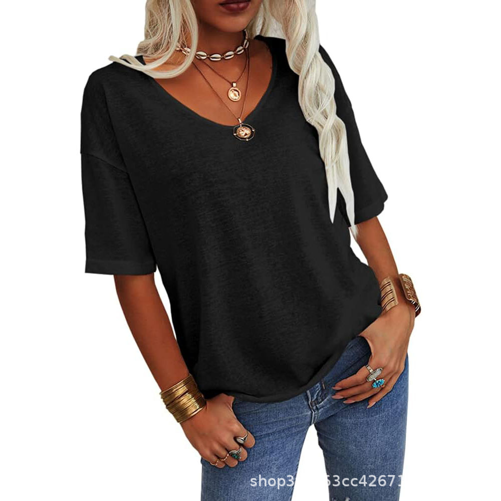 Women's V-Neck Short Sleeve Loose Fit T-Shirt Casual Solid Color Basic Top