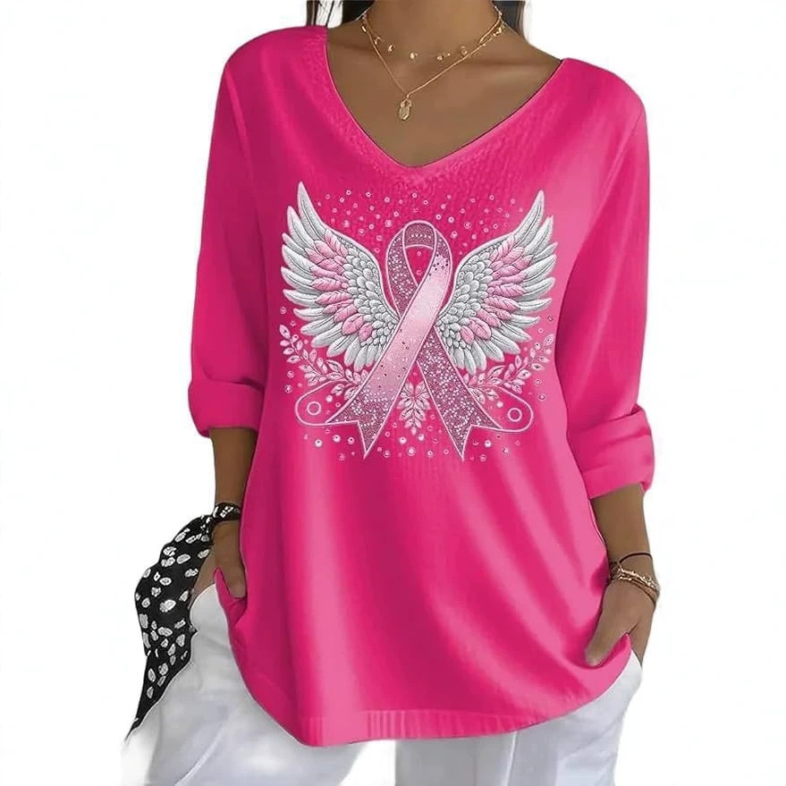 Wing Ribbon Print V-Neck Half-Sleeve T-Shirt