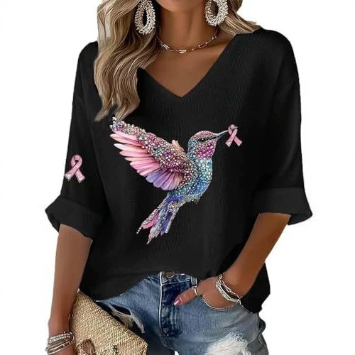 Women's Bird Sparrow Ribbon Print V-Neck Half-Sleeve T-Shirt
