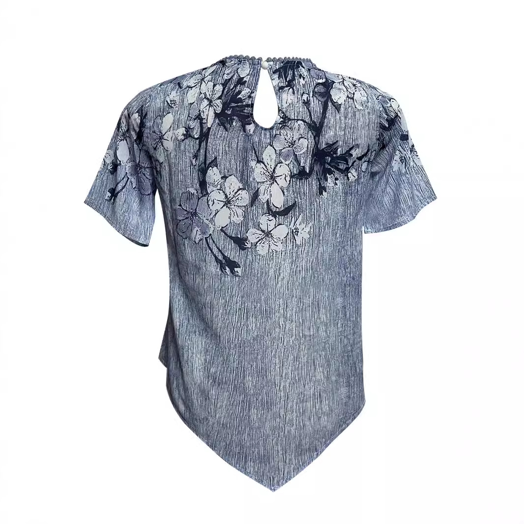 Floral Print Round Neck Asymmetric Short Sleeve Double-Layer Top