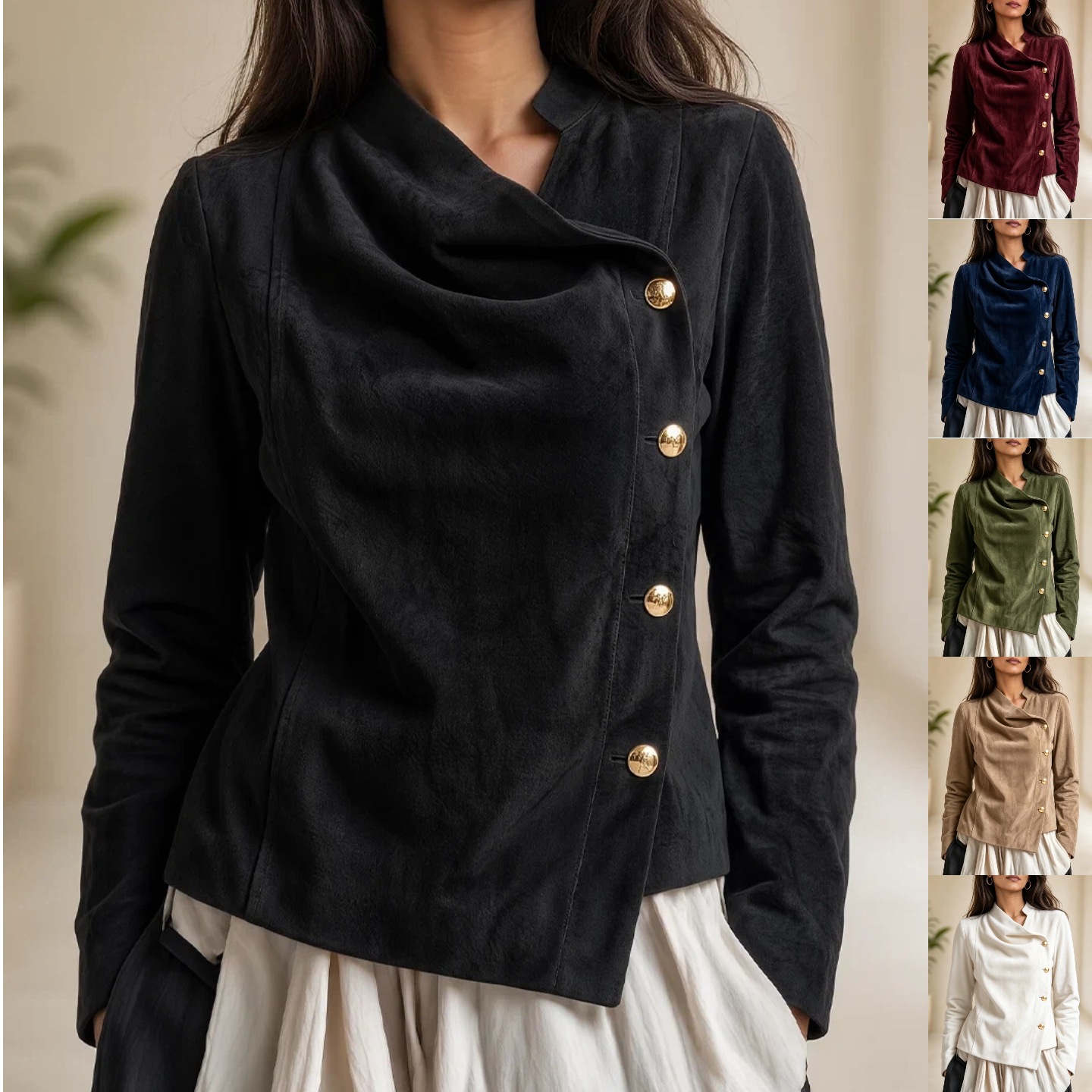 Women's Vintage Pleated Asymmetric Button Stand Collar Long Sleeve Jacket