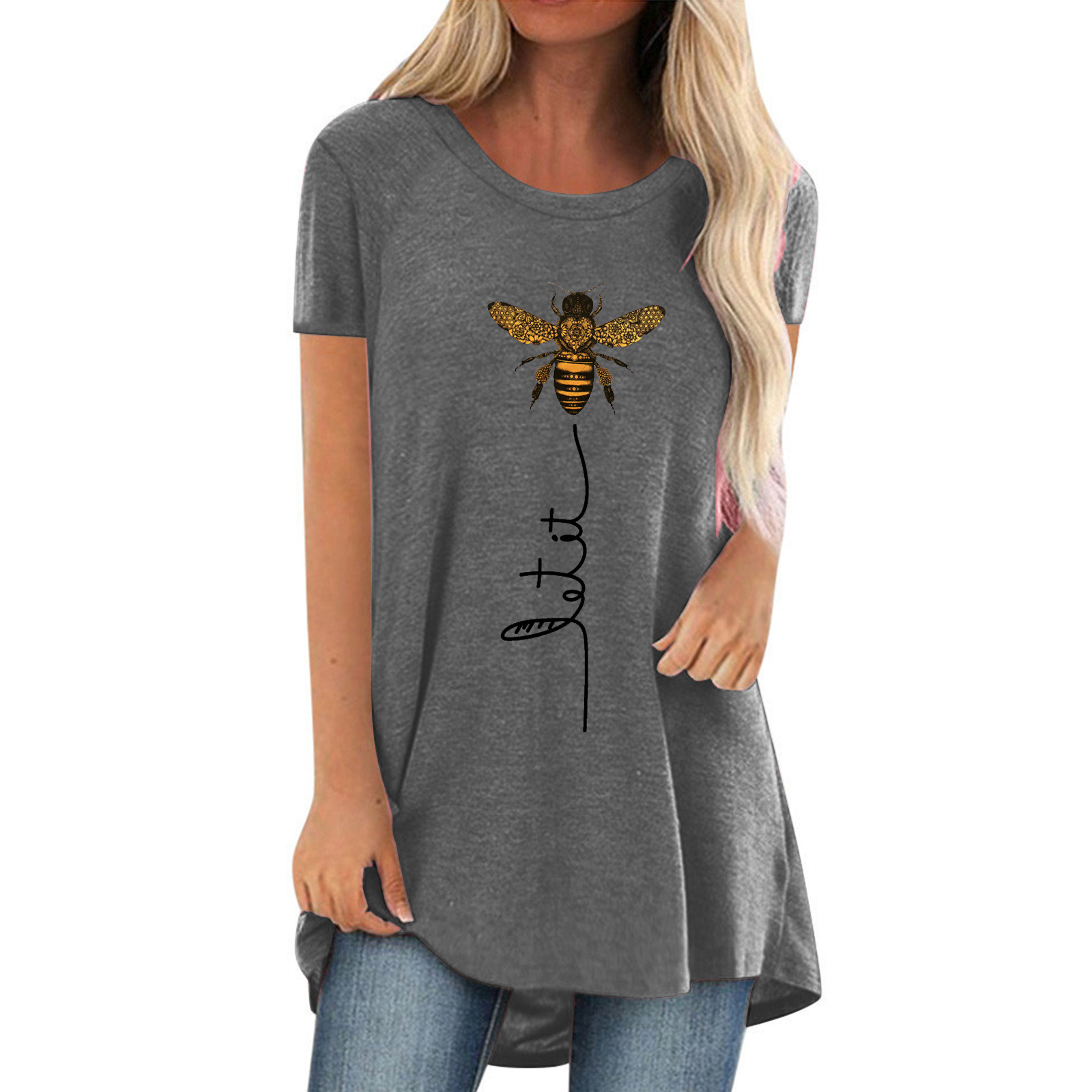 Bee Letter Print Crewneck Women's Short Sleeve Top