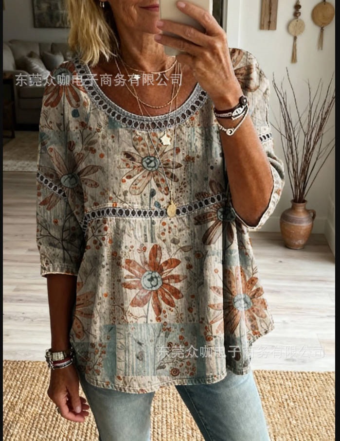 3D Floral Print Crewneck Half-Sleeve Ruched Top