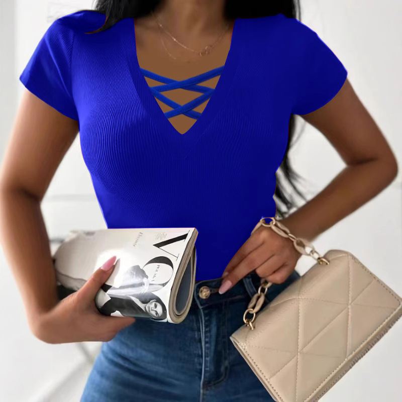 Elegant V-Neck Cross Short-Sleeve Women's T-Shirt