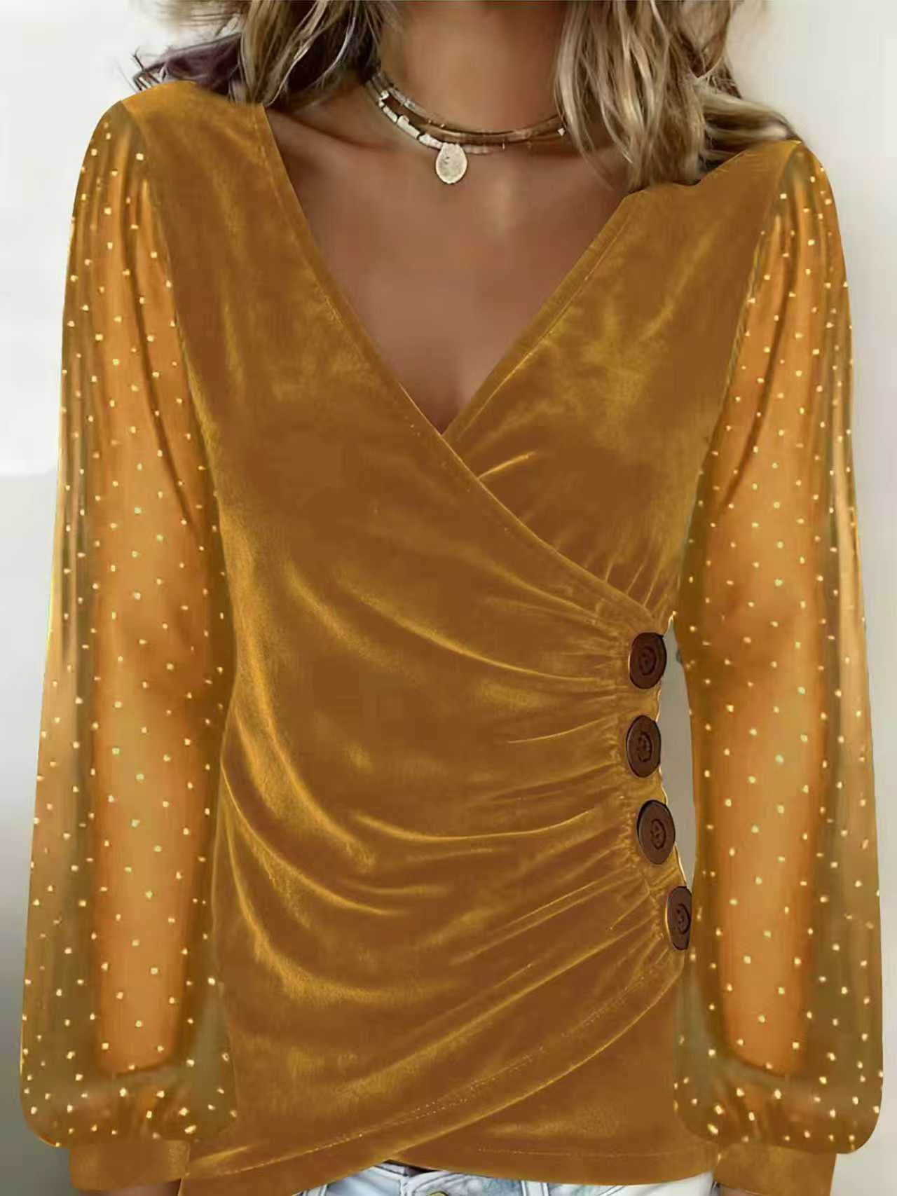Women's Velvet Long Sleeve T-Shirt with Rhinestone Sleeves V-Neck Slim Fit