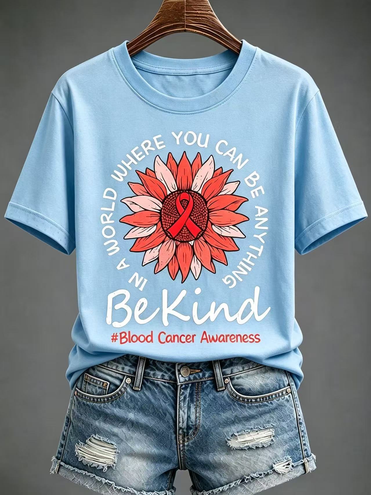 Sunflower Red Ribbon Letter Print Women's V-Neck Short Sleeve T-Shirt