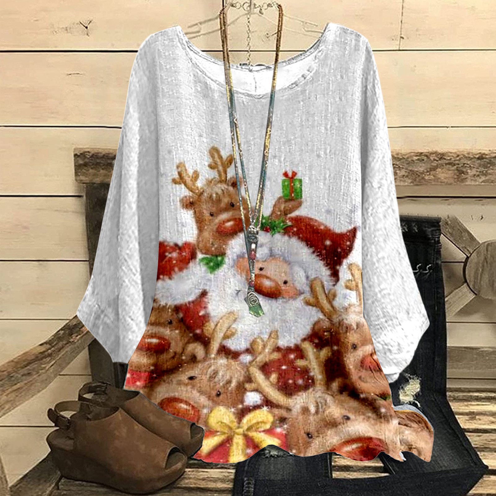 Christmas Cotton-Linen Geometric Print Loose Vintage Top